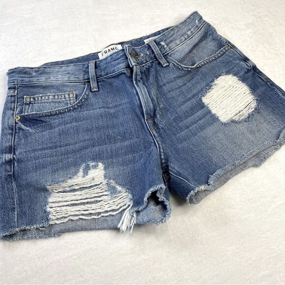 FRAME DISTRESSED DENIM SHORTS    LE GRAND GARÇON SHORT - Picture 2 of 7